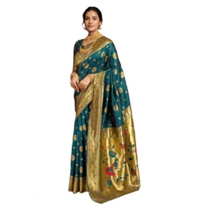 Women's Silk Blend Paithani Saree With Unstitched Blouse 5.5Mtr (Teal)