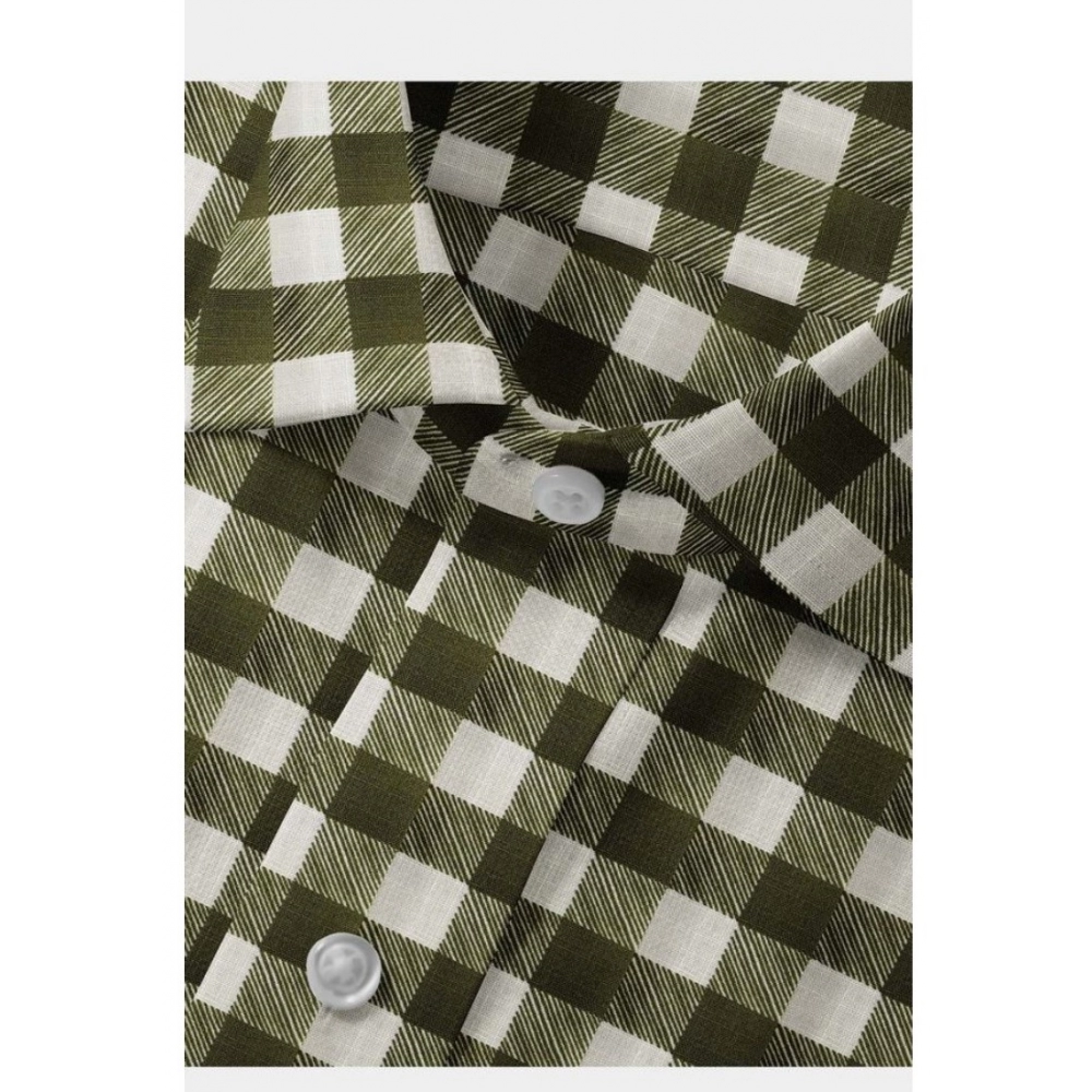 Men's Cotton Blended Checked Full Sleeve Shirt (White-Green) - Image 2