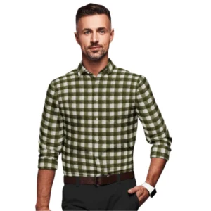 Men's Cotton Blended Checked Full Sleeve Shirt (White-Green)
