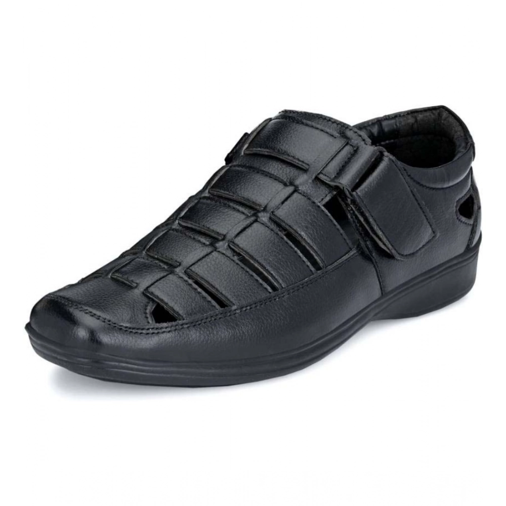 Men's Casual Faux Leather Solid Velcro Sandal (Black) - Image 4