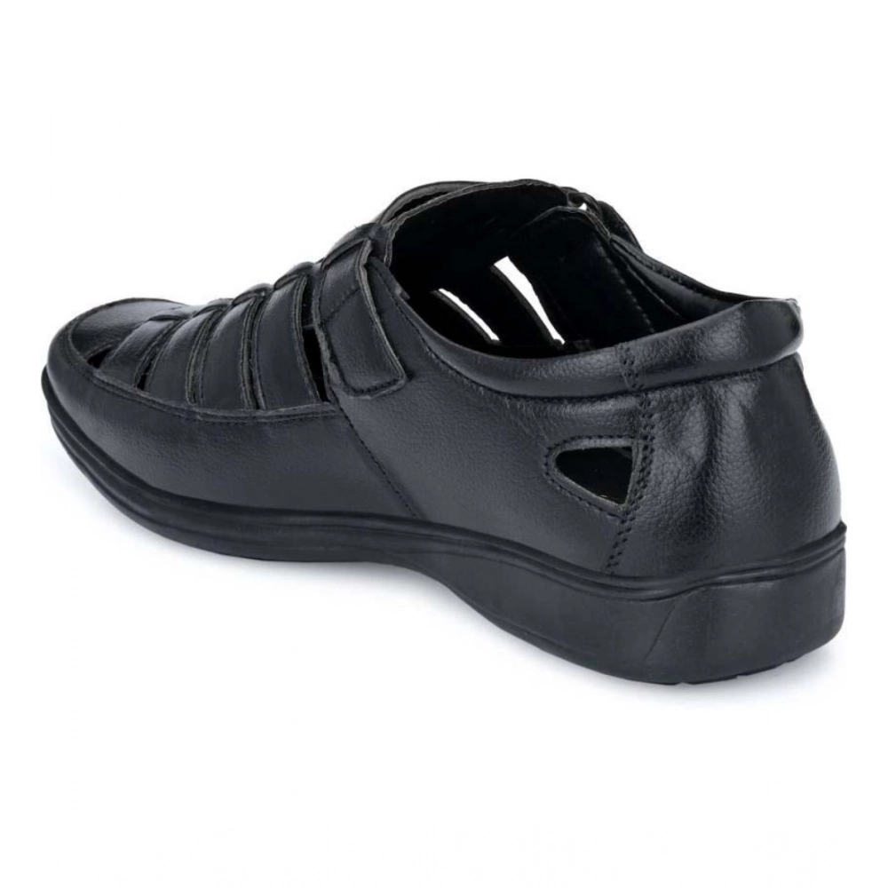 Men's Casual Faux Leather Solid Velcro Sandal (Black) - Image 2