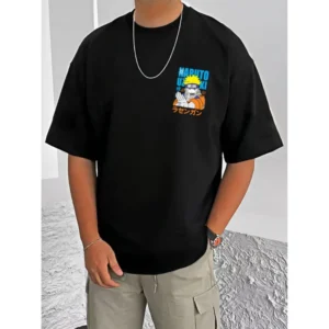 Men's Casual Cotton Blend Printed Round Neck Half Sleeve T-Shirt (Black)