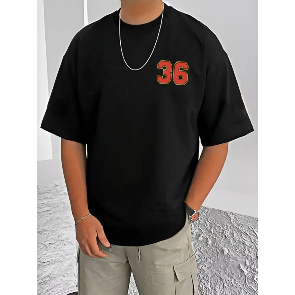 Men's Casual Cotton Blend Printed Round Neck Half Sleeve T-Shirt (Black)