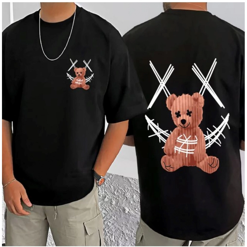 Men's Casual Cotton Blend Printed Round Neck Half Sleeve T-Shirt (Black) - Image 3