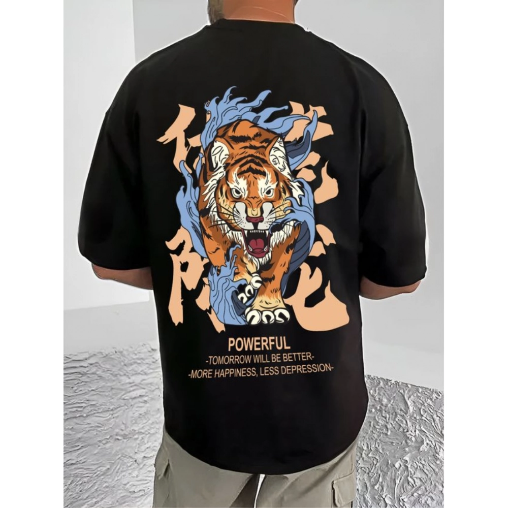 Men's Casual Cotton Blend Printed Round Neck Half Sleeve T-Shirt (Black)