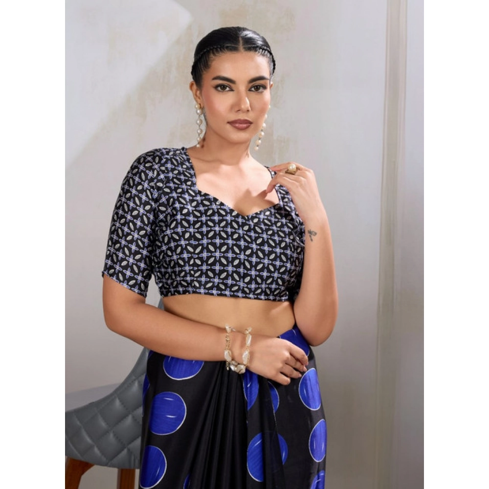 Women's Satin Crepe Printed Saree With Unstitched Blouse 5.5Mtr (Blue) - Image 2