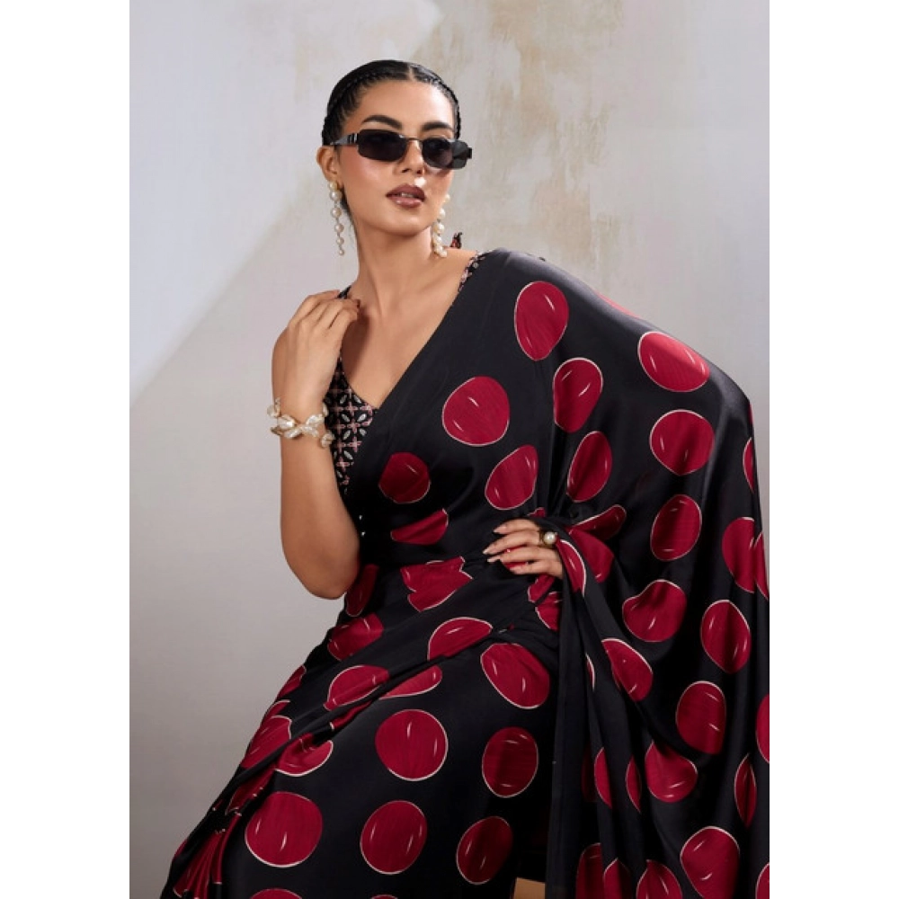 Women's Satin Crepe Printed Saree With Unstitched Blouse 5.5Mtr (Maroon) - Image 3