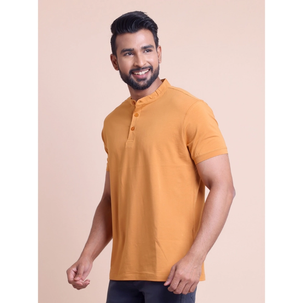 Men's Casual Cotton Solid Half Sleeve Mandarin Collar T-Shirt (Brown) - Image 3