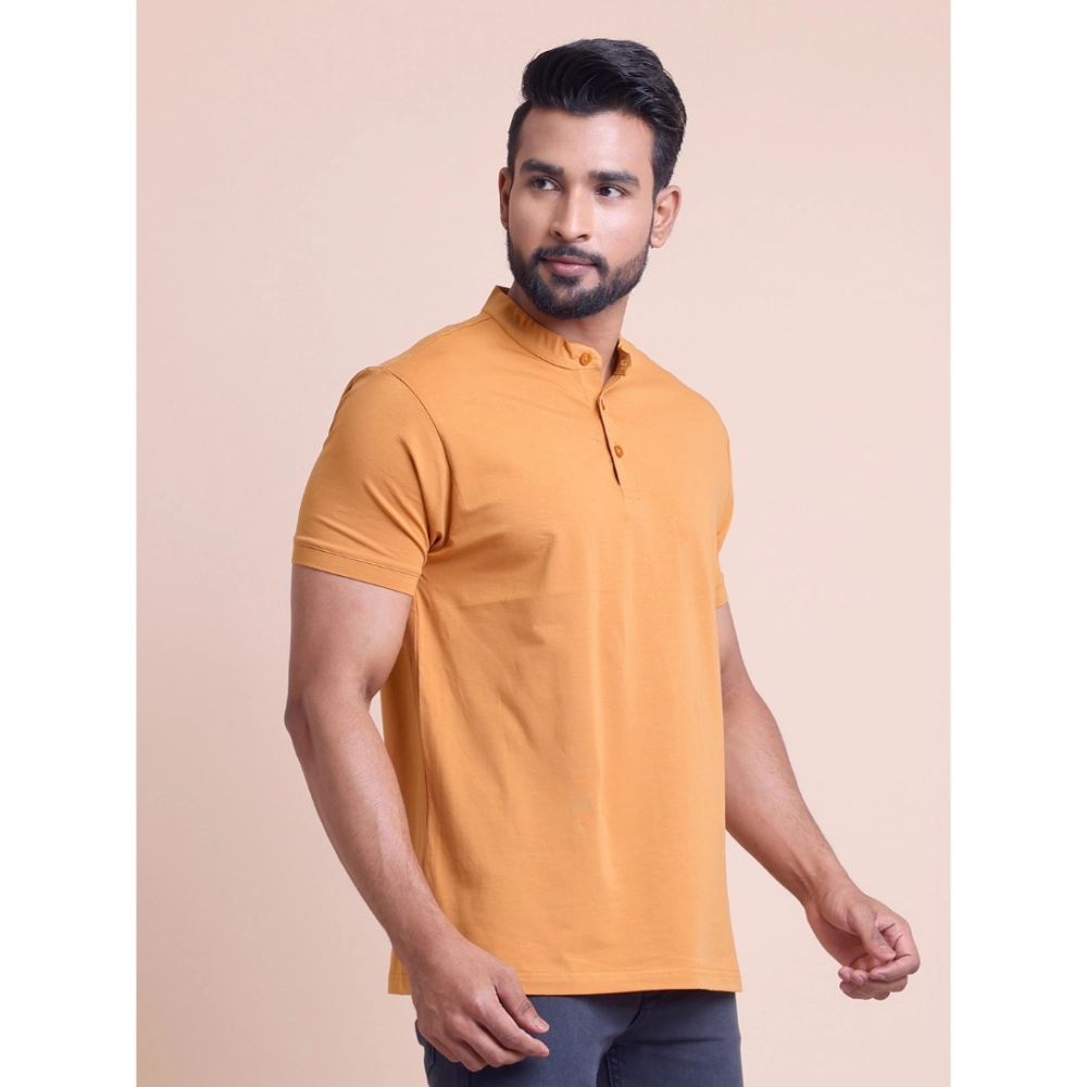 Men's Casual Cotton Solid Half Sleeve Mandarin Collar T-Shirt (Brown) - Image 4