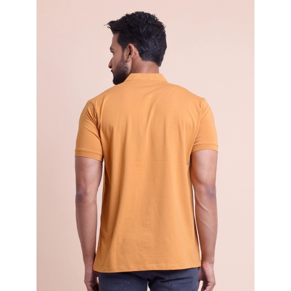 Men's Casual Cotton Solid Half Sleeve Mandarin Collar T-Shirt (Brown) - Image 5