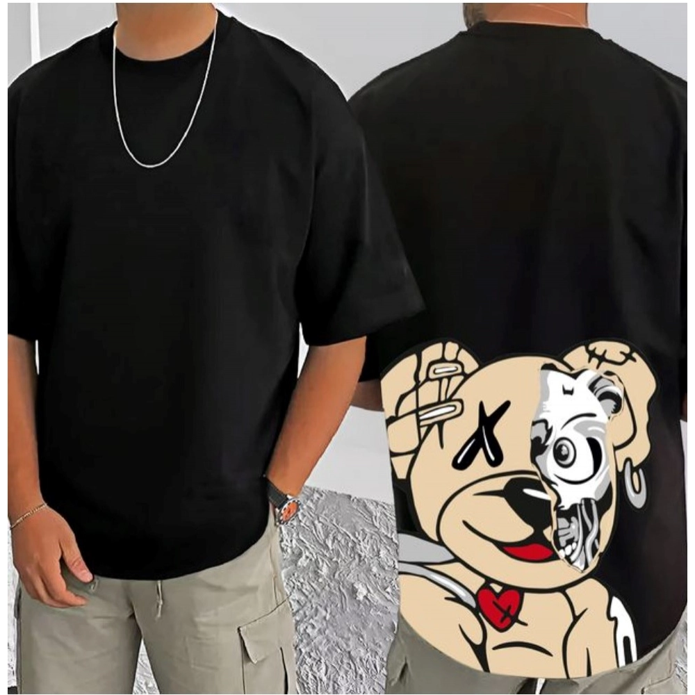 Men's Casual Cotton Blend Printed Round Neck Half Sleeve T-Shirt (Black) - Image 3