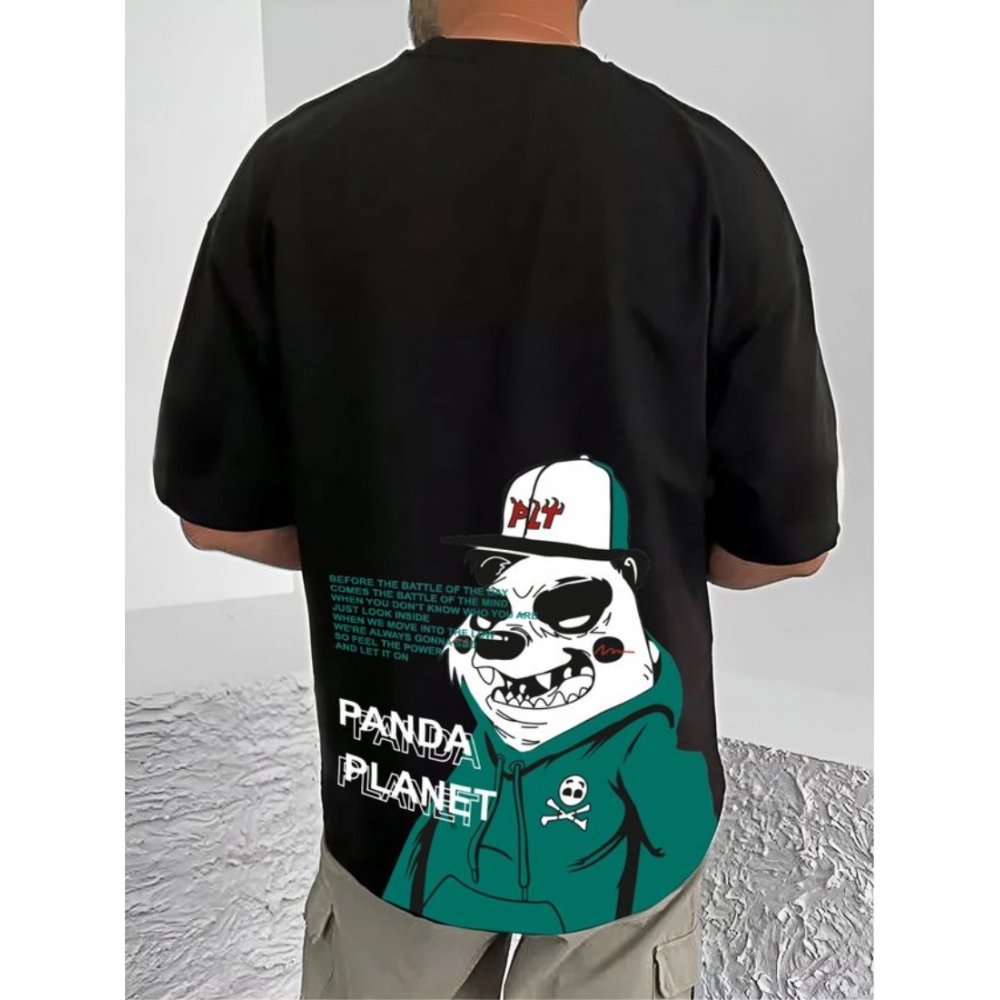Men's Casual Cotton Blend Printed Round Neck Half Sleeve T-Shirt (Black)