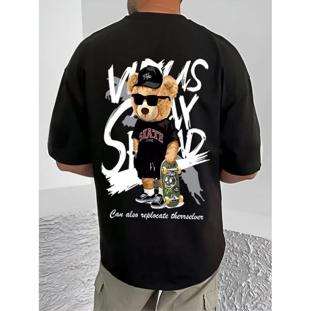 Men's Casual Cotton Blend Printed Round Neck Half Sleeve T-Shirt (Black) - Image 4