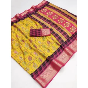 Generic Women's Dola Silk Printed Saree With Unstitched Blouse 5.5Mtr (Yellow)