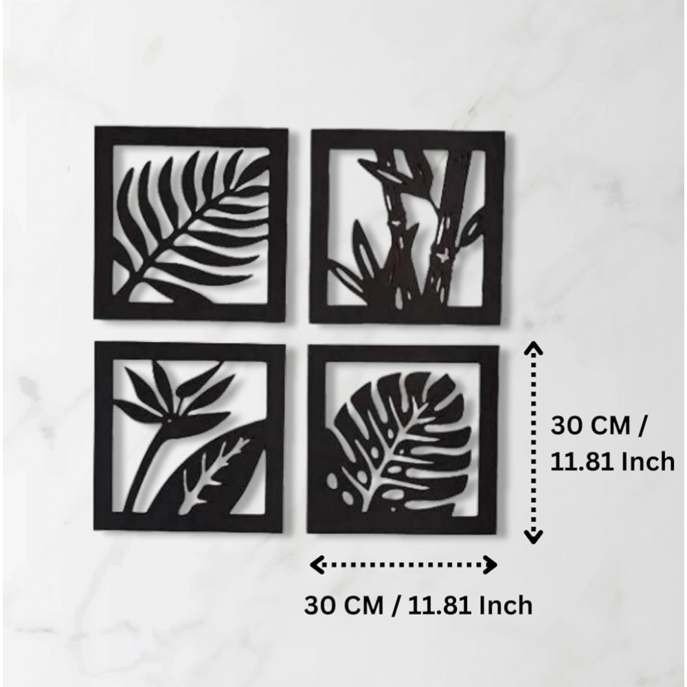 7 Decore Wooden 4 Pieces Square Tree Leaf Wall Art Panel Frame – Black (Big Size) - Image 2