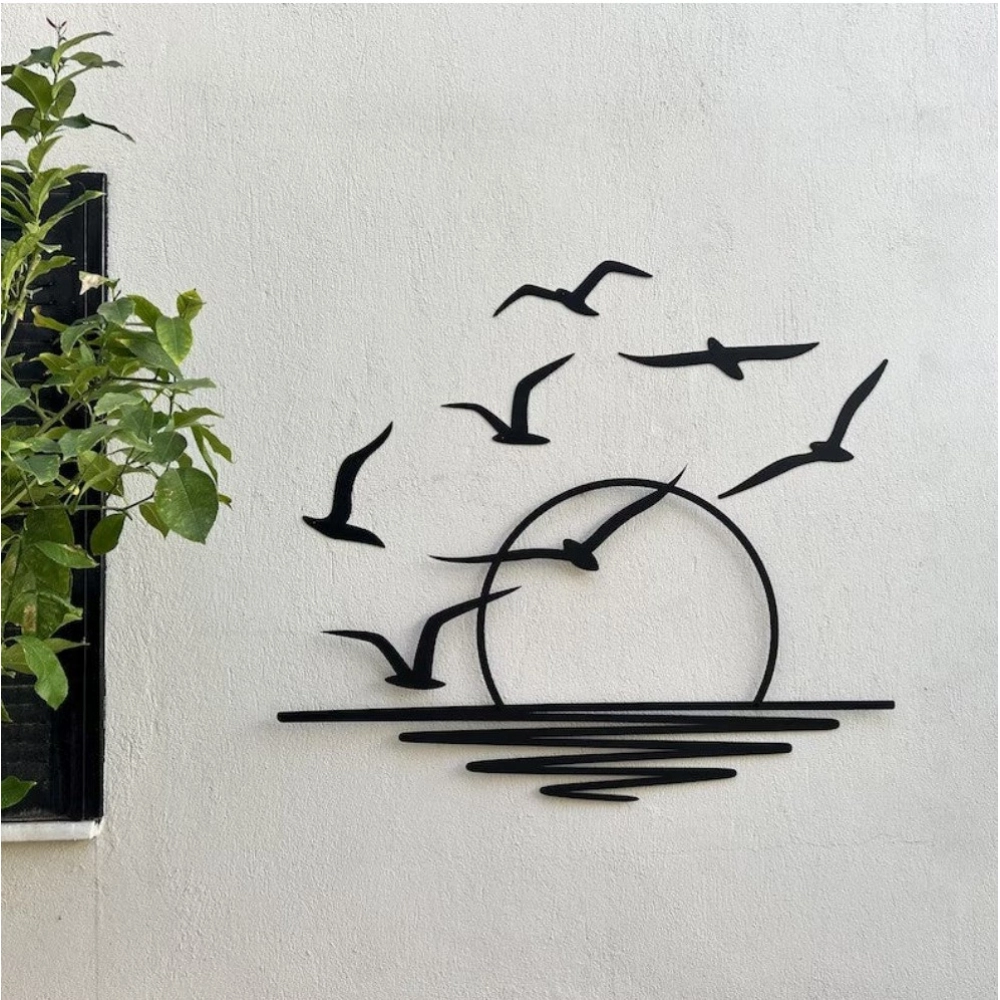 Seagulls at Sunrise Coastal Wooden Wall Decor – Black - Image 2