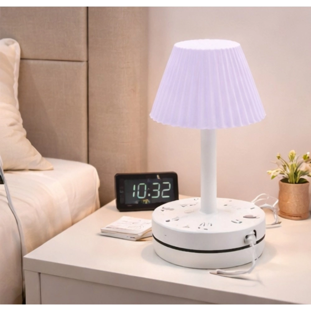 Plastic-LED Ribbed Shade Table Lamp with USB Charging Base (White) - Image 4