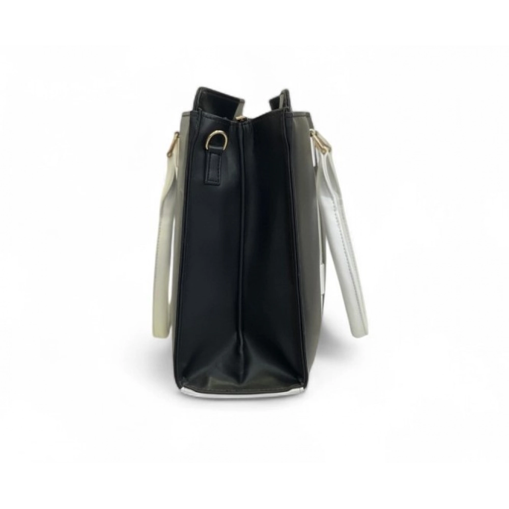Generic Women's Polyurethane Solid Structured Shoulder Tote Handbag (Black-Cream) - Image 4
