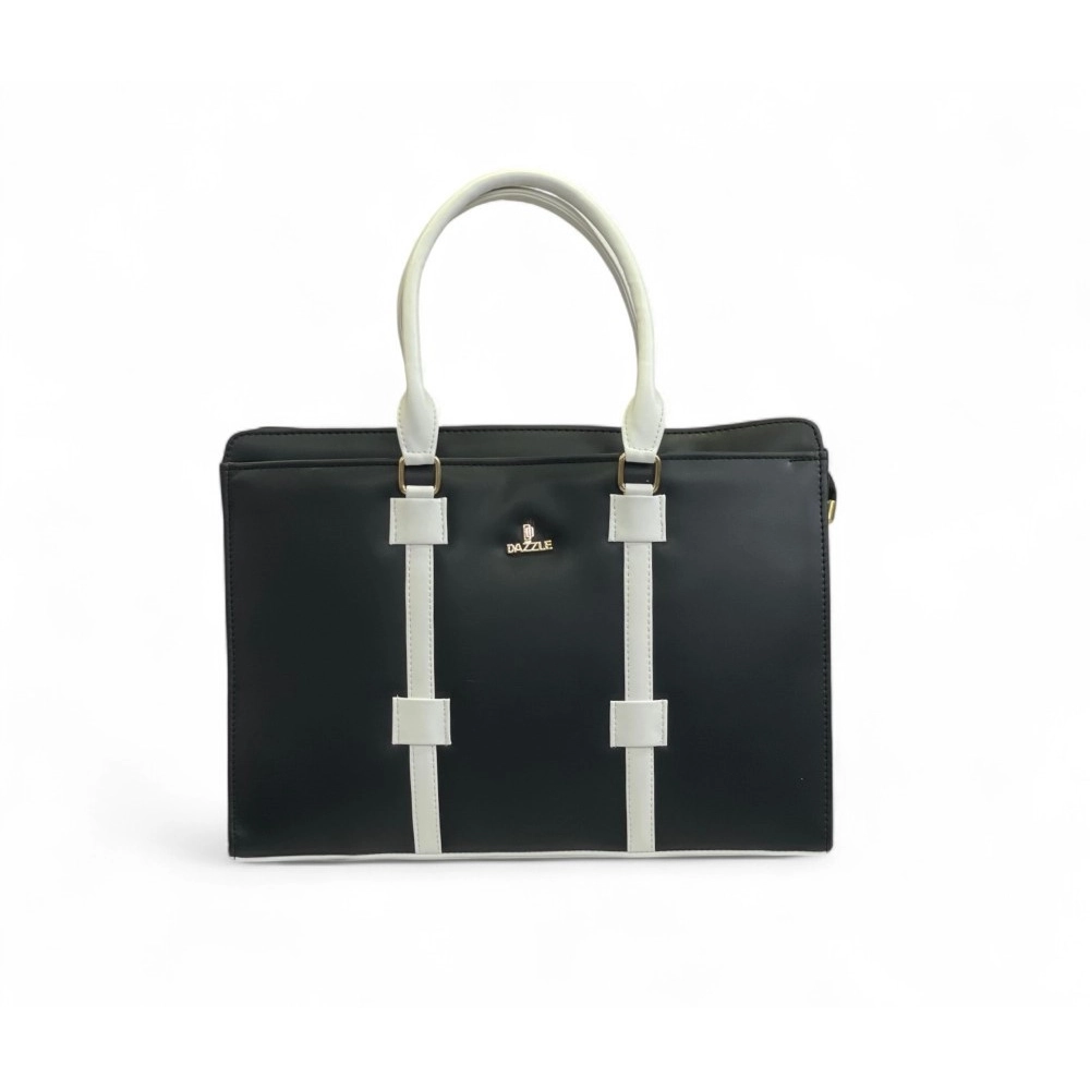Generic Women's Polyurethane Solid Structured Shoulder Tote Handbag (Black-Cream) - Image 3