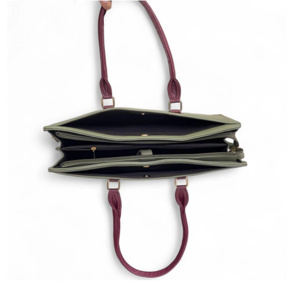Generic Women's Polyurethane Solid Structured Shoulder Tote Handbag (Sage Green-Burgundy) - Image 6