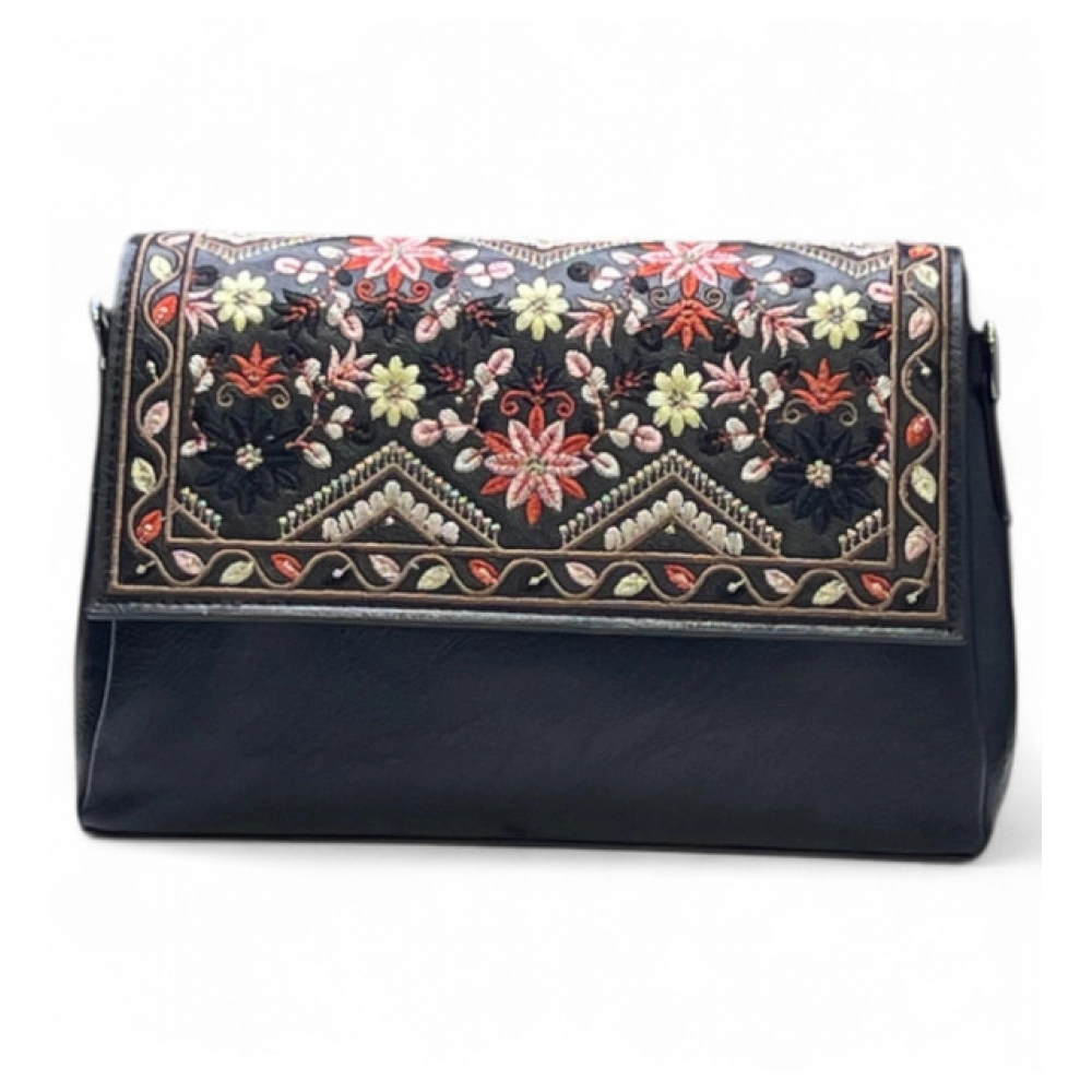 Generic Women's Polyurethane Floral Embroidered Crossbody Sling Bag with Adjustable & Removable Strap (Black) - Image 4