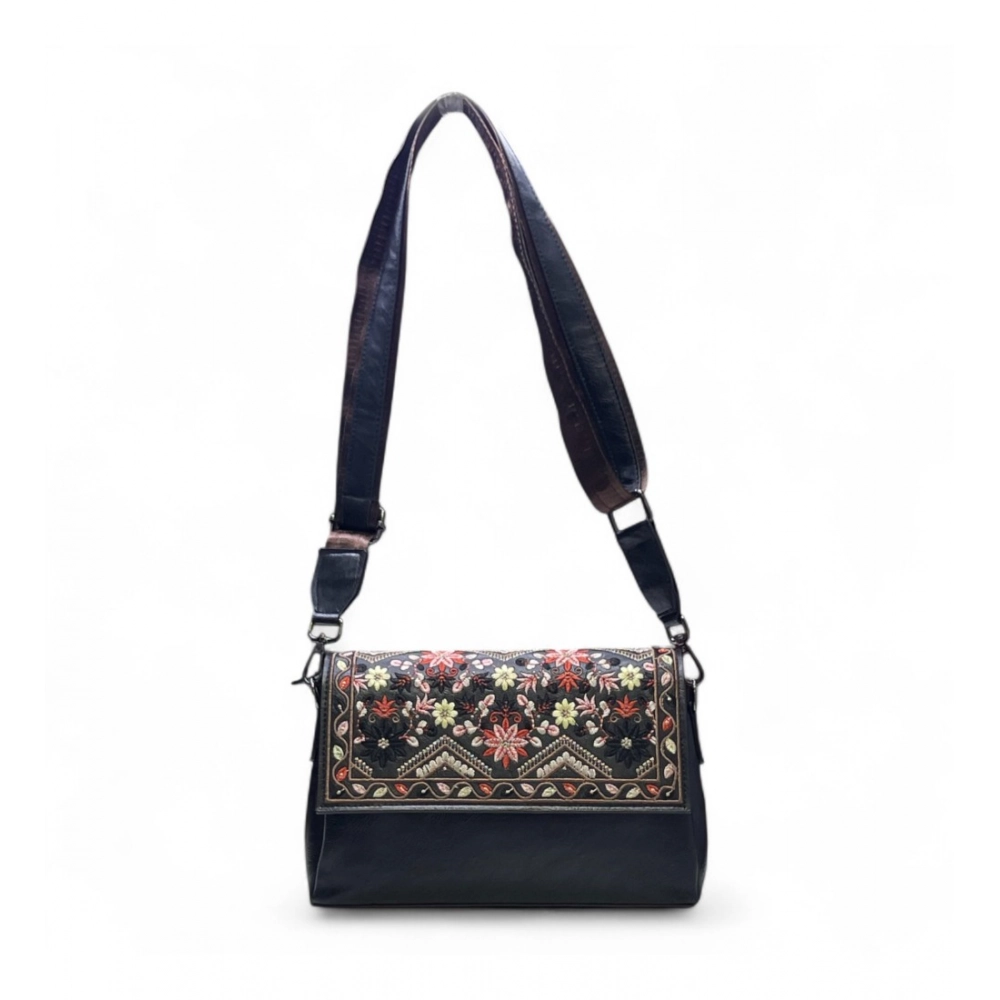Generic Women's Polyurethane Floral Embroidered Crossbody Sling Bag with Adjustable & Removable Strap (Black) - Image 3