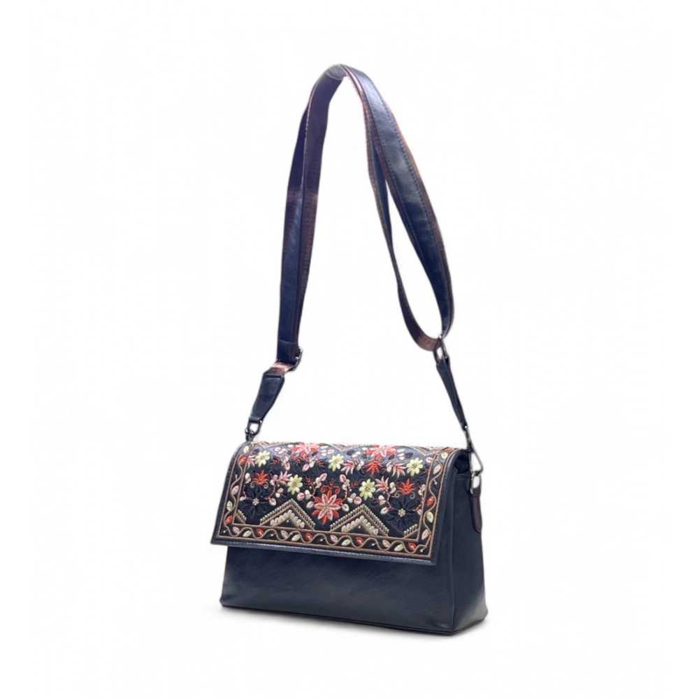 Generic Women's Polyurethane Floral Embroidered Crossbody Sling Bag with Adjustable & Removable Strap (Black) - Image 5