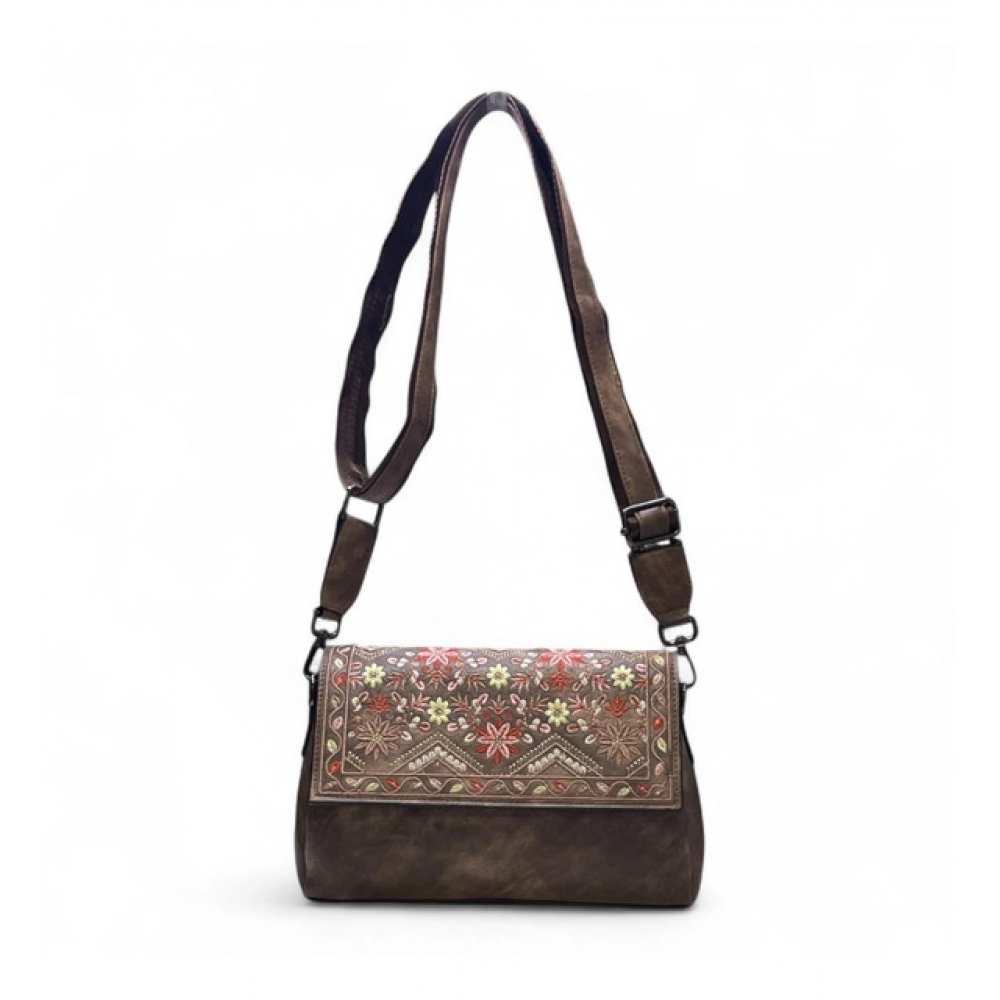 Generic Women's Polyurethane Floral Embroidered Crossbody Sling Bag with Adjustable & Removable Strap (Brown) - Image 4