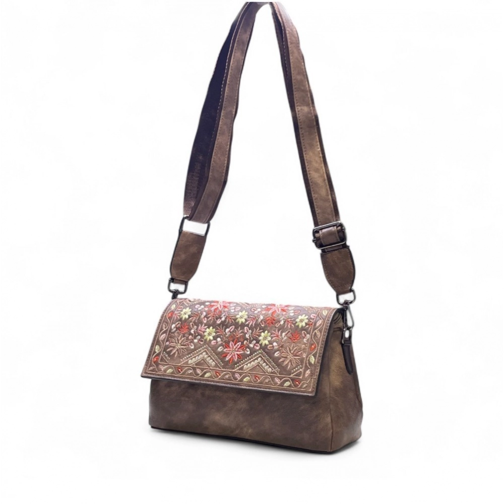 Generic Women's Polyurethane Floral Embroidered Crossbody Sling Bag with Adjustable & Removable Strap (Brown) - Image 3