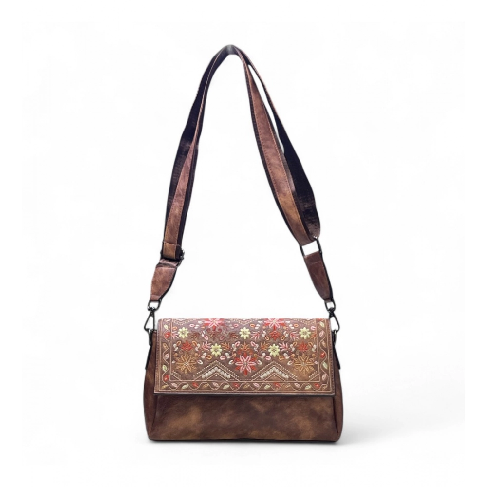 Generic Women's Polyurethane Floral Embroidered Crossbody Sling Bag with Adjustable & Removable Strap (Dark Brown) - Image 3