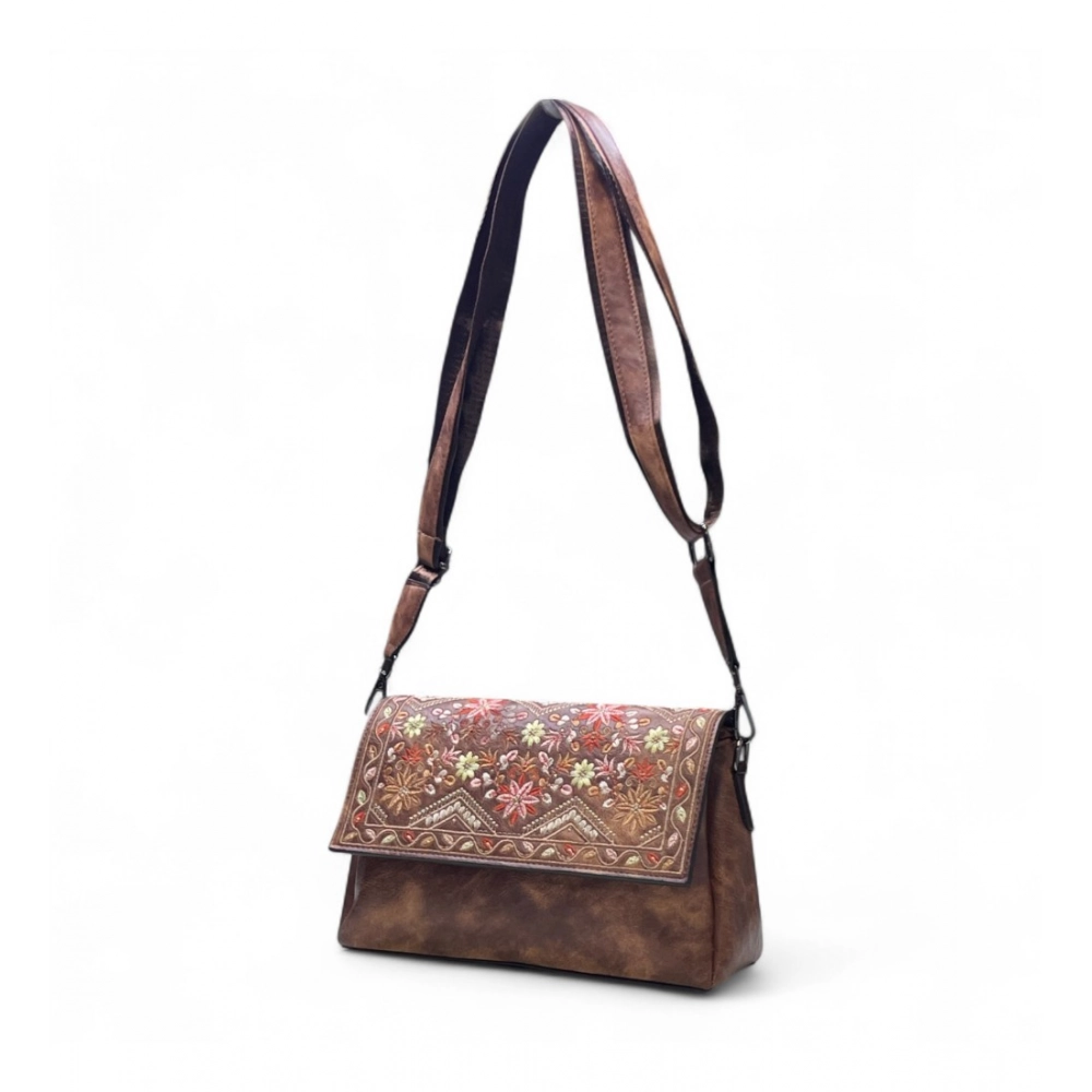 Generic Women's Polyurethane Floral Embroidered Crossbody Sling Bag with Adjustable & Removable Strap (Dark Brown) - Image 4