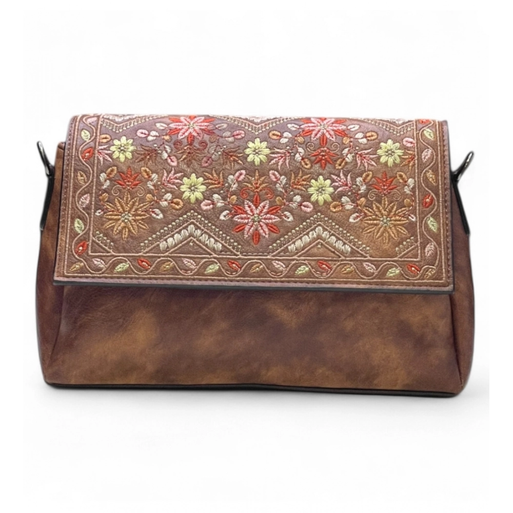 Generic Women's Polyurethane Floral Embroidered Crossbody Sling Bag with Adjustable & Removable Strap (Dark Brown) - Image 6