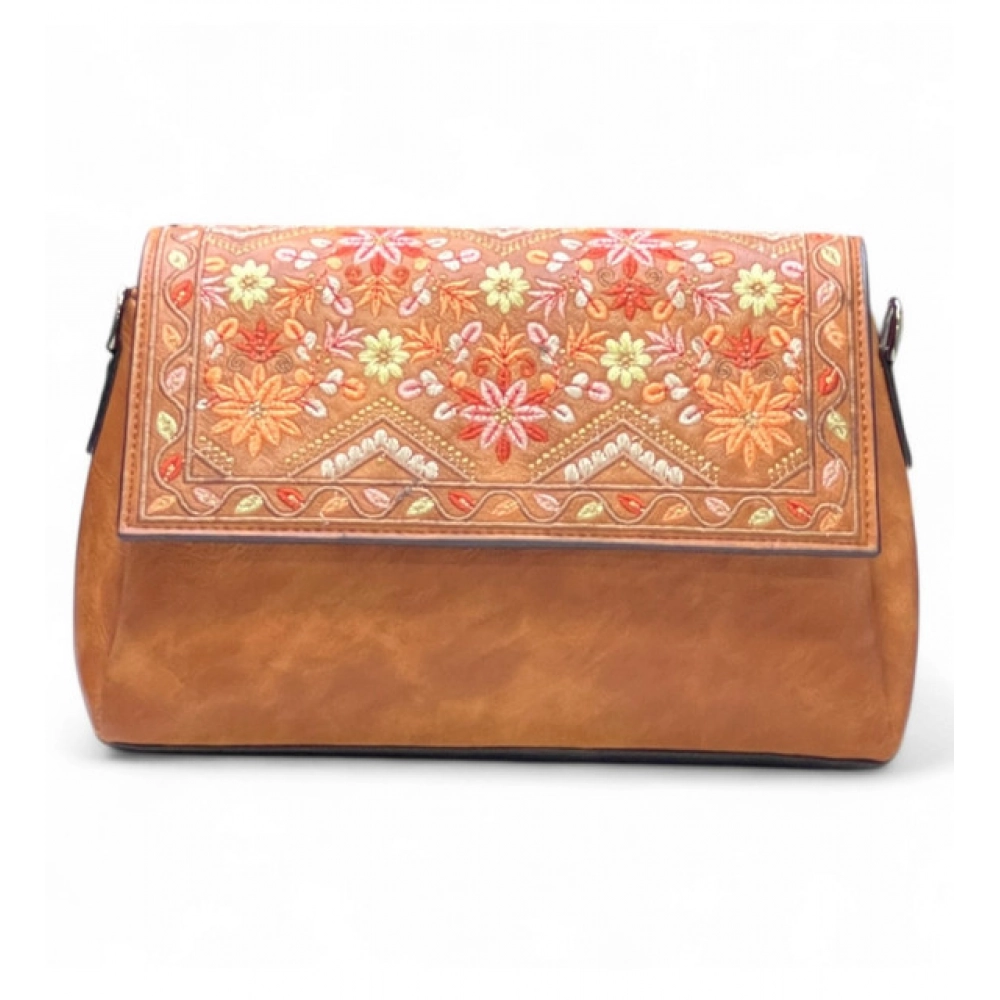 Generic Women's Polyurethane Floral Embroidered Crossbody Sling Bag with Adjustable & Removable Strap (Tan) - Image 6