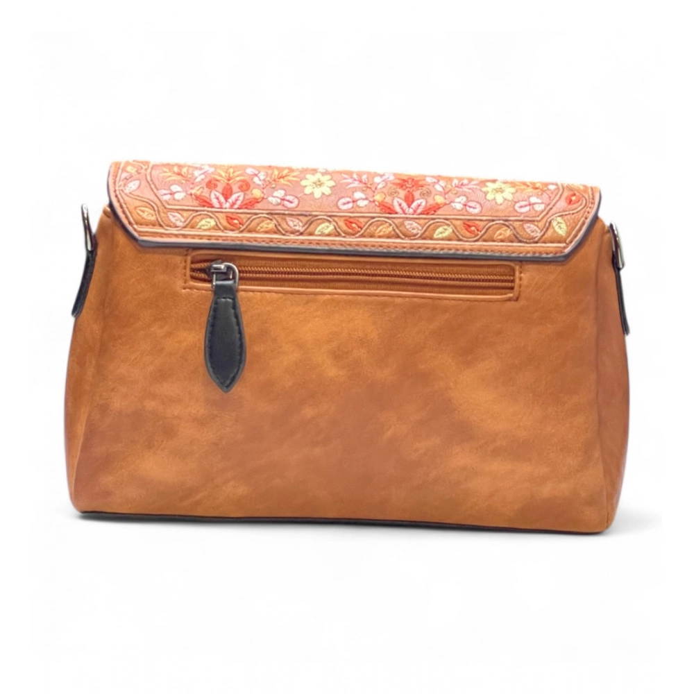 Generic Women's Polyurethane Floral Embroidered Crossbody Sling Bag with Adjustable & Removable Strap (Tan) - Image 5