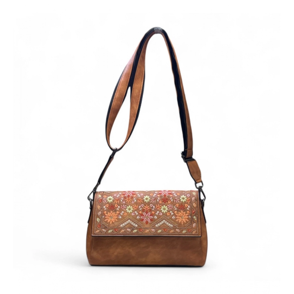 Generic Women's Polyurethane Floral Embroidered Crossbody Sling Bag with Adjustable & Removable Strap (Tan) - Image 4