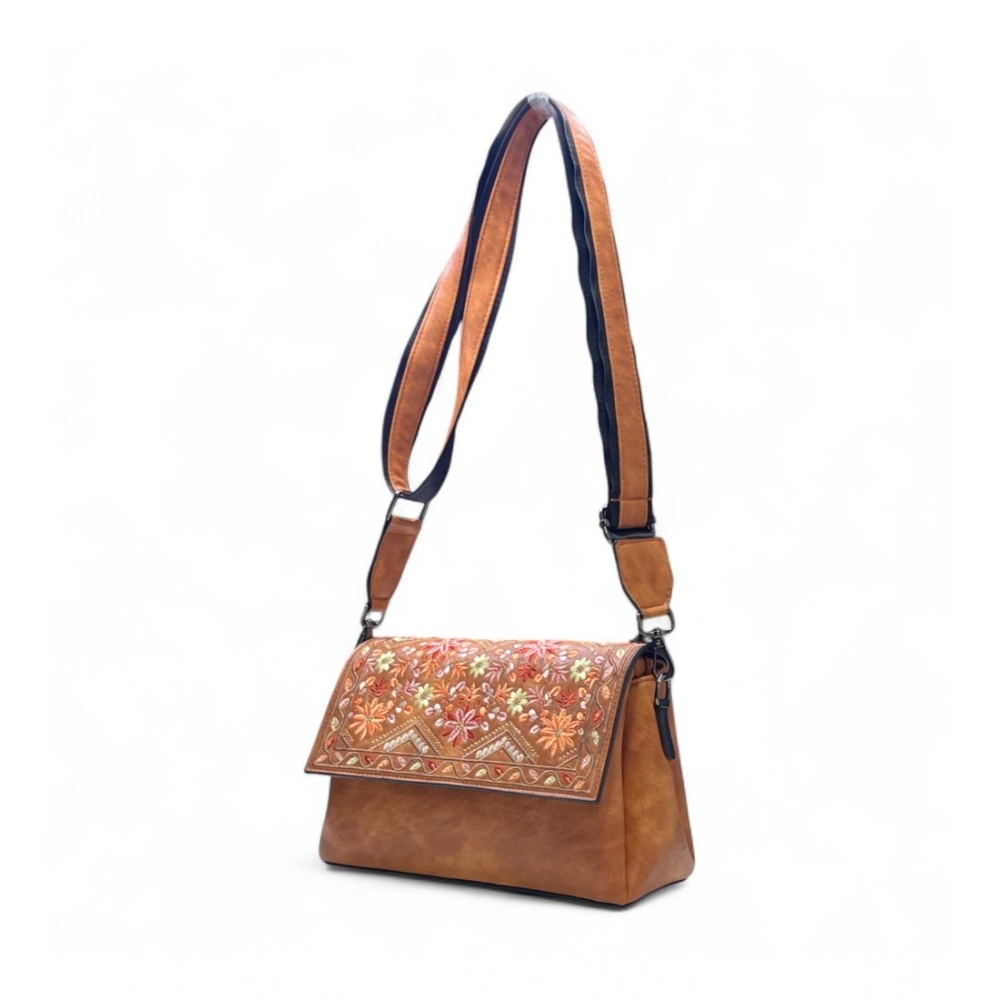 Generic Women's Polyurethane Floral Embroidered Crossbody Sling Bag with Adjustable & Removable Strap (Tan) - Image 3