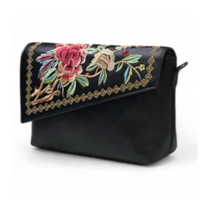 Generic Women's Polyurethane Floral Embroidered Crossbody Sling Bag with Adjustable & Removable Strap (Black)
