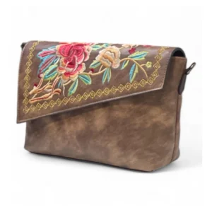 Generic Women's Polyurethane Floral Embroidered Crossbody Sling Bag with Adjustable & Removable Strap (Dark Brown)