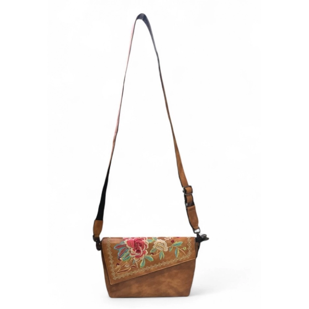 Generic Women's Polyurethane Floral Embroidered Crossbody Sling Bag with Adjustable & Removable Strap (Tan) - Image 4