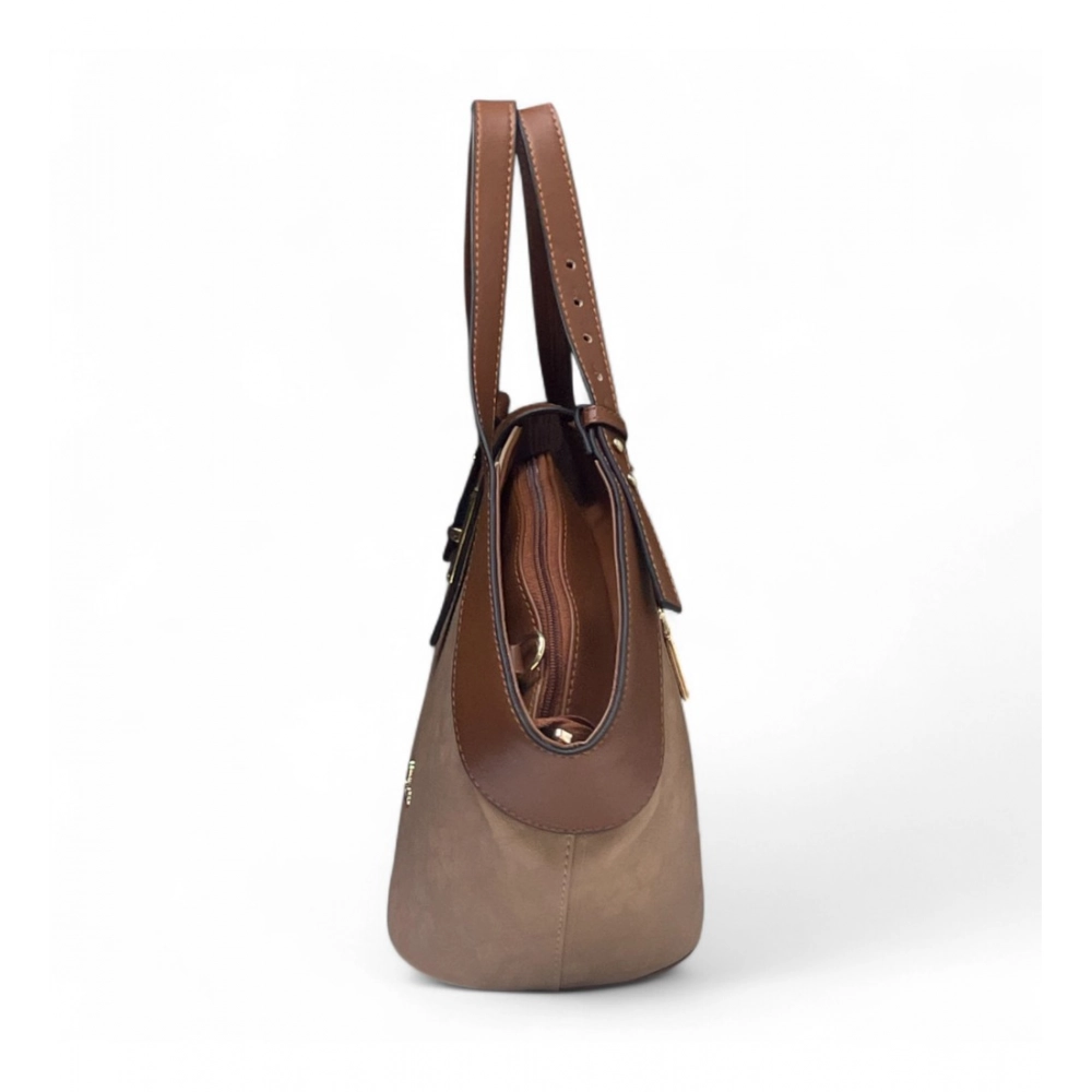 Generic Women's Polyurethane Floral Printed Hexagonal Satchel Handbag with Adjustable Strap (Brown) - Image 3