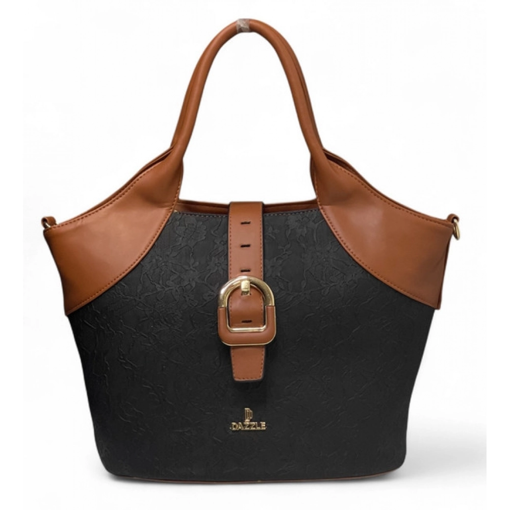 Generic Women's Polyurethane Textured Two-Tone Tote Handbag with Adjustable & Removable Strap (Black-Tan) - Image 7