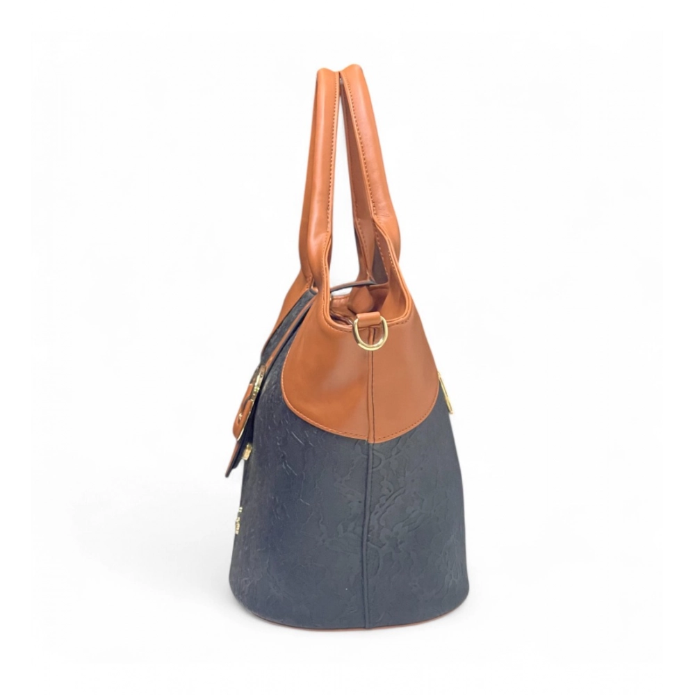 Generic Women's Polyurethane Textured Two-Tone Tote Handbag with Adjustable & Removable Strap (Black-Tan) - Image 4