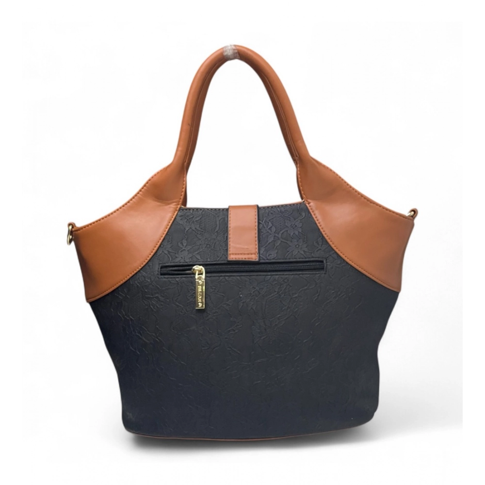 Generic Women's Polyurethane Textured Two-Tone Tote Handbag with Adjustable & Removable Strap (Black-Tan) - Image 3