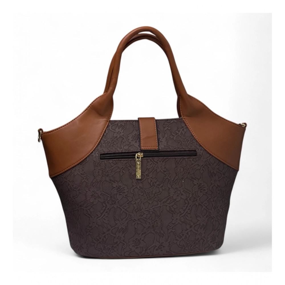 Generic Women's Polyurethane Textured Two-Tone Tote Handbag with Adjustable & Removable Strap (Dark Brown) - Image 3