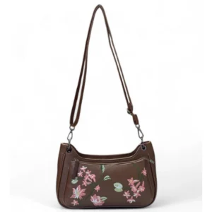 Generic Women's Polyurethane Floral Embroidered Crossbody Sling Bag with Adjustable & Removable Strap (Brown)