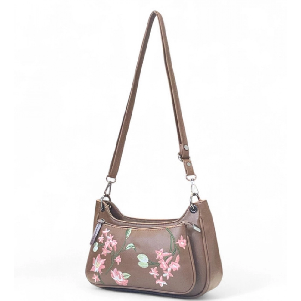 Generic Women's Polyurethane Floral Embroidered Crossbody Sling Bag with Adjustable & Removable Strap (Brown) - Image 4
