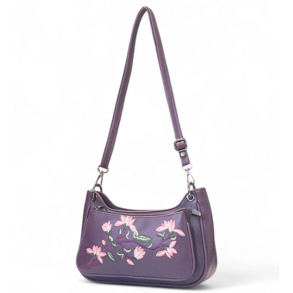 Generic Women's Polyurethane Floral Embroidered Crossbody Sling Bag with Adjustable & Removable Strap (Purple) - Image 4