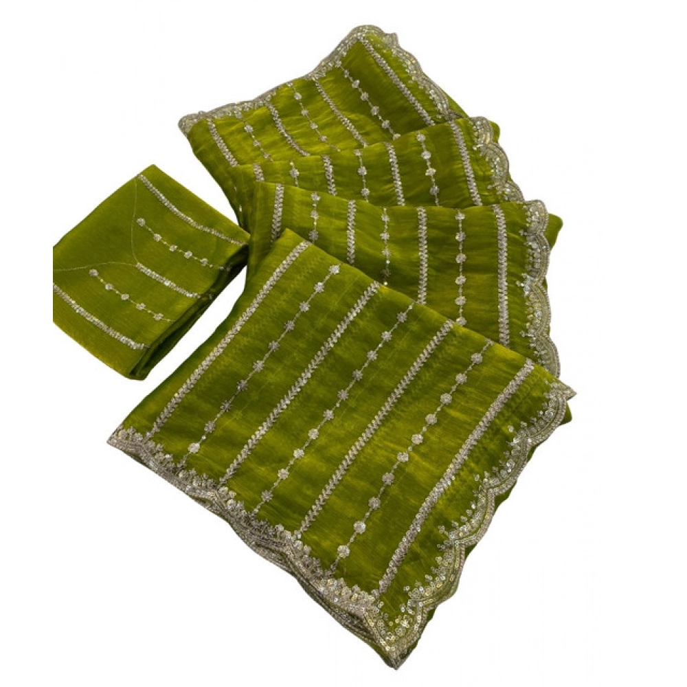 Generic Women's Jimmy Choo Embellished Saree With Unstitched Blouse 5.5Mtr (Olive Green) - Image 2