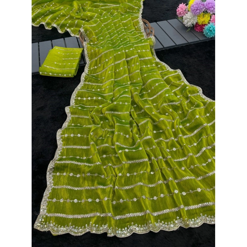 Generic Women's Jimmy Choo Embellished Saree With Unstitched Blouse 5.5Mtr (Olive Green) - Image 3