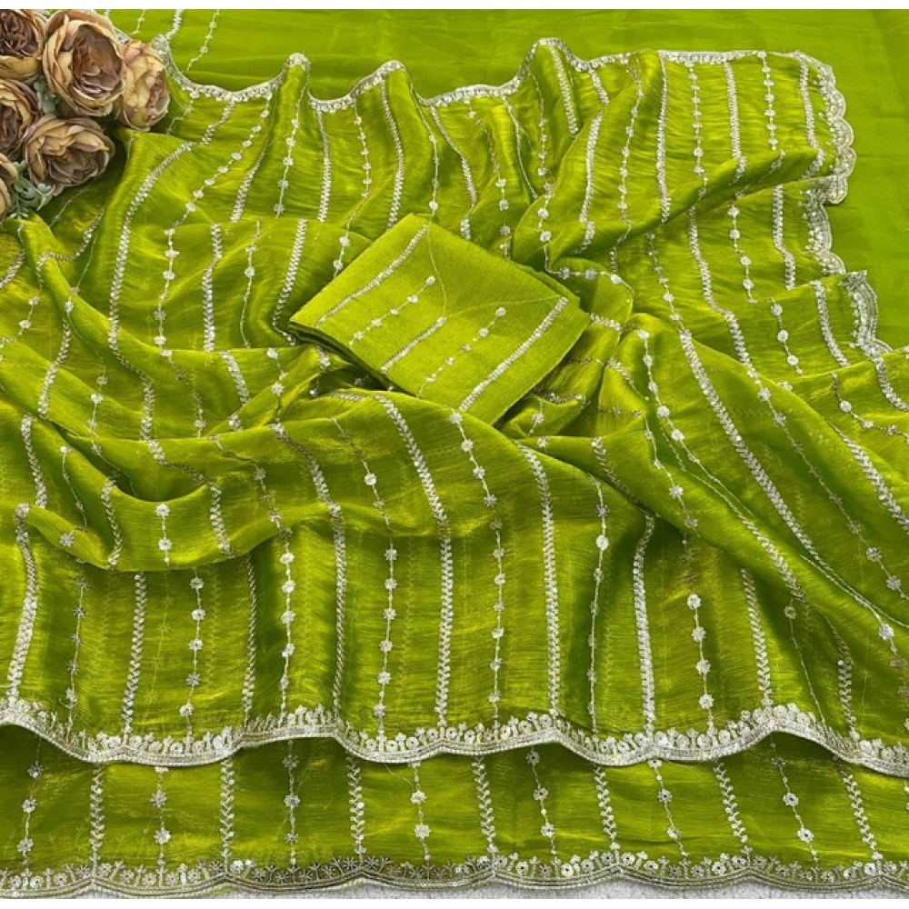 Generic Women's Jimmy Choo Embellished Saree With Unstitched Blouse 5.5Mtr (Olive Green) - Image 4